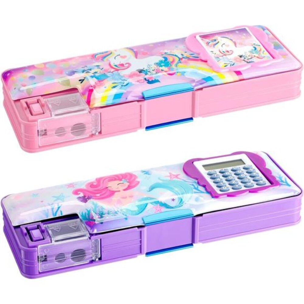 2-Piece Unicorn‎ & Mermaid Pencil Box: Multifunctional w/ Calculator & Sharpener